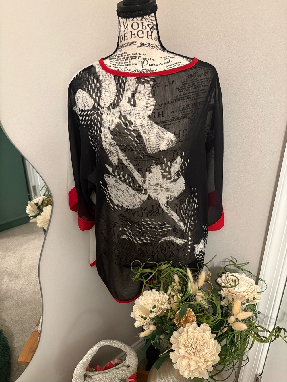 Straight 80’s Vibe Sheer Black Floral Print Women’s Top with Red Trim